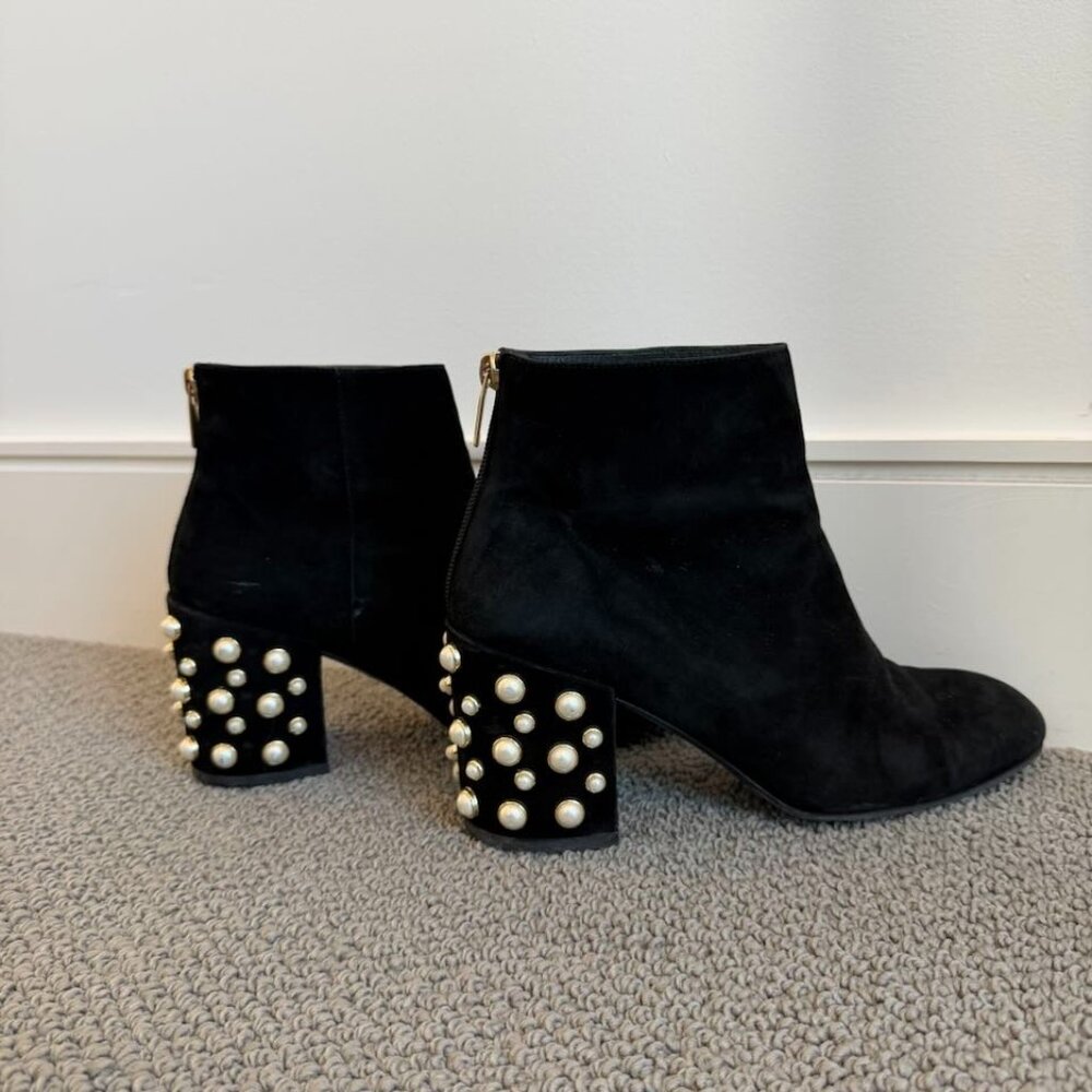 Stuart Weitzman Black Suede Pearl Booties - Size 8